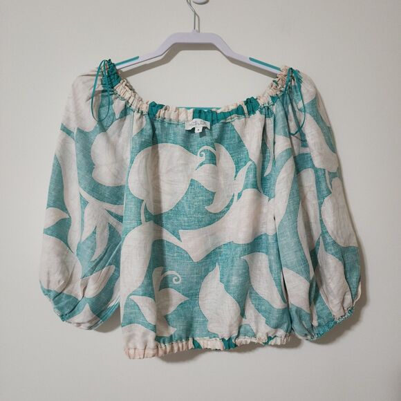 Rachel Zoe Womens Linen Blend Off-the-Shoulder Cropped Blouse Green Beige Size S - Picture 5 of 11